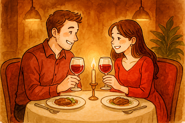 JPG 음식 데이트 일러스트 관계 탁자 조명 대화 사랑 요리 웃음 레스토랑 와인 식사 로맨틱 분위기 저녁 편안함 찻잔 즐거움 국내일러스트 AI일러스트 AI콘텐츠 감정 가구 컨셉 잔 주류 표정 말하기 식당 감각 야간 파일형식