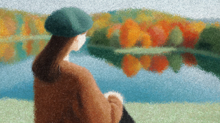 JPG 나무 시선 여자 감정 호수 여유 물결 컬러 여행 단풍 일러스트 자연 휴식 산 풍경 평화 고요 감상 가을 뷰티풀 차분 국내일러스트 AI일러스트 AI콘텐츠 식물 계절 컨셉 잎 사람 생태계 파일형식