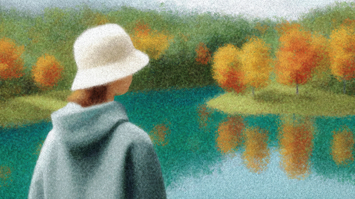 JPG 나무 여자 호수 컬러 여행 일러스트 자연 아침 날씨 휴식 산 풍경 평화 고요 감상 가을 숲 명상 조용 국내일러스트 AI일러스트 AI콘텐츠 주간 식물 계절 컨셉 사람 생태계 파일형식