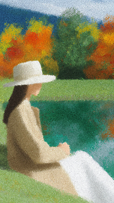 JPG 여자 감정 호수 여유 컬러 단풍 일러스트 자연 아침 풍경 일상 초록색 소풍 평화 가을 힐링 심리 오후 차분 국내일러스트 AI일러스트 AI콘텐츠 주간 계절 컨셉 잎 사람 라이프 야외활동 생태계 파일형식