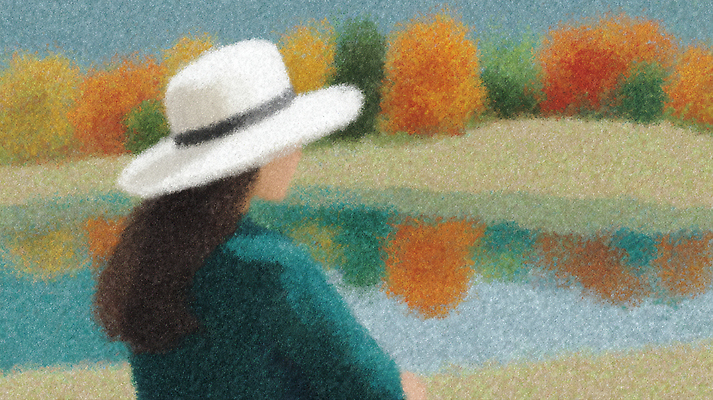 JPG 나무 여자 호수 여유 컬러 일러스트 자연 수채화 풍경 물 반사 산책 가을 관찰 추억 편안함 조화 뷰티풀 국내일러스트 AI일러스트 AI콘텐츠 자연요소 식물 계절 감정 컨셉 모션 휴식 사람 감각 생태계 파일형식