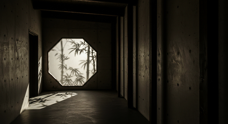 JPG 편집이미지 디자인 창 여유 벽 자연 실내 그림자 평화 고요 공간 원형 대나무 조화 편집실사 AI포토 AI콘텐츠 도형 나무 감정 무기 컨셉 내부 CG 생태계 파일형식