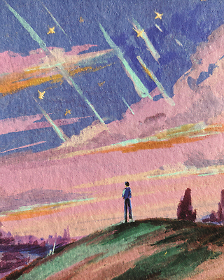 JPG 별 컬러 하늘색 일러스트 자연 하늘 사람 풍경 빨간색 여름 파란색 크리스마스트리 감상 기다림 저녁 유성 언덕 화가 국내일러스트 AI일러스트 AI콘텐츠 자연요소 직업 계절 크리스마스 모션 야간 생태계 파일형식