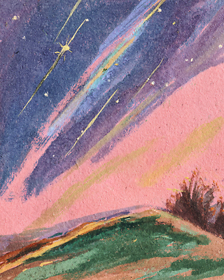 JPG 별 예술 분홍색 컬러 일러스트 자연 하늘 풍경 초록색 빛 평화 우주 노을 고요 저녁 유성 언덕 그림 뷰티풀 풍경화 차분 국내일러스트 AI일러스트 AI콘텐츠 자연요소 컨셉 야간 생태계 파일형식