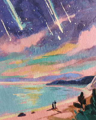 JPG 물결 바다 야경 일러스트 자연 밤하늘 하늘 풍경 해변 두명 일몰 감상 낭만 유성 조용 뷰티풀 색감 여름밤 경관 국내일러스트 AI일러스트 AI콘텐츠 컨셉 사람 여름 노을 야간 생태계 파일형식 풍경_경치