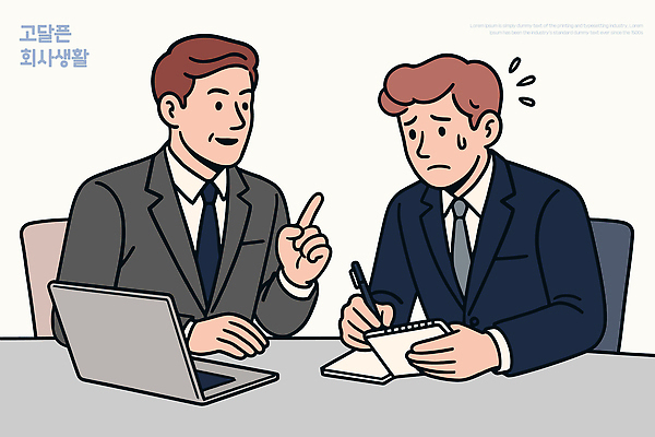 남자 일러스트 회의 커뮤니케이션 협력 직장 표정 피곤 대화 협상 설명 컴퓨터 사무실 메모지 업무 조직 직원 긴장 경영 조언 국내일러스트 AI파일 감정 컨셉 회사 비즈니스 모션 말하기 사람 전자제품 사무용품 작업 파일형식 벡터