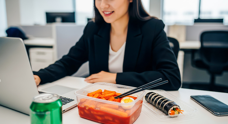 JPG 편집이미지 여자 음식 비즈니스 디저트 컴퓨터 사무실 작업 사무 편안함 떡볶이 김밥 도시락 점심 의료성형뷰티 편집실사 AI인물포토 AI콘텐츠 사람 전자제품 업무 감각 분식 CG 파일형식 AI포토