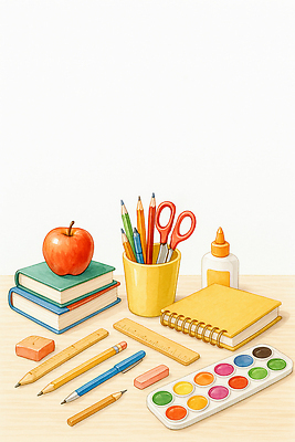 JPG 예술 컬러 일러스트 학교 탁자 문구용품 학용품 색연필 자 책 학습 연필 사무용품 공책 물감 사과 지우개 접착제 준비물 창의력 국내일러스트 AI일러스트 AI콘텐츠 교육 가구 과일 필기구 미술도구 풀_접착제 오브젝트 파일형식