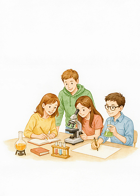 JPG 과학 일러스트 모션 협력 실험기구 실험 친구 학습 자료 모임 관찰 기록 화학 실험실 토론 분석 즐거움 생물학 국내일러스트 AI일러스트 AI콘텐츠 교육 감정 컨셉 관계 파일형식