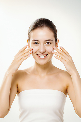 JPG 편집이미지 여자 얼굴 건강 관리 미소 웃음 빛 화장 뷰티 자신감 상품 크림 즐거움 피부관리 스킨케어 의료성형뷰티 편집실사 AI인물포토 AI콘텐츠 감정 표정 사람 신체부위 CG 파일형식 AI포토