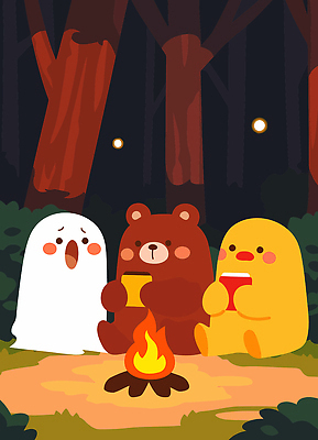 캐릭터 일러스트 노래 곰 자연 따뜻함 웃음 친구 빛 캠핑 할로윈 모임 닭 유령 숲 모닥불 즐거움 화기애애 국내일러스트 AI파일 동물 감정 음악 컨셉 포유류 관계 조류 불 레저 표정 생태계 파일형식 벡터