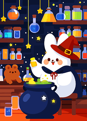 동물 캐릭터 별 일러스트 곰 밤하늘 조명 실험 파란색 판타지 귀여움 우정 할로윈 토끼 편안함 호기심 마법 물약 마법사모자 창의성 국내일러스트 AI파일 자연요소 모자_잡화 감정 컬러 컨셉 포유류 상상 하늘 친구 반려동물 약 감각 야간 파일형식 벡터