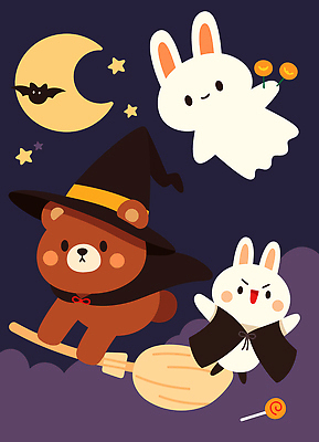 동물 캐릭터 별 일러스트 곰 하늘 귀여움 축제 할로윈 마법사 달 토끼 유령 유성 빗자루 즐거움 마법 초롱 국내일러스트 AI파일 자연요소 감정 컨셉 포유류 반려동물 등불 청소도구 파일형식 벡터