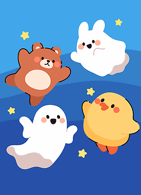 동물 캐릭터 디자인 감정 별 컬러 백그라운드 일러스트 곰 놀이 동화 표정 병아리 파란색 귀여움 할로윈 토끼 유령 즐거움 국내일러스트 AI파일 자연요소 컨셉 포유류 조류 반려동물 파일형식 벡터