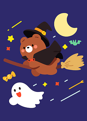 동물 캐릭터 별 일러스트 곰 상상 놀이 하늘 동화 장식 귀여움 축제 놀람 할로윈 달 비행 유령 빗자루 그림 마녀 국내일러스트 AI파일 자연요소 감정 컨셉 포유류 표정 청소도구 파일형식 벡터