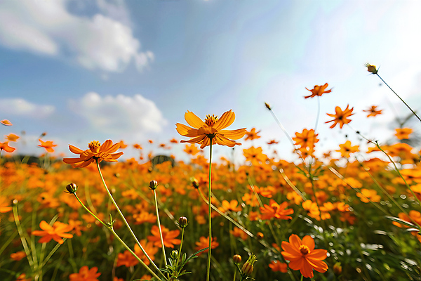 JPG 식물 편집이미지 계절 꽃 자연 하늘 풍경 노란색 평화 주황색 들꽃 코스모스 조용 만개 뷰티풀 황화코스모스 편집실사 AI포토 AI콘텐츠 컬러 컨셉 CG 생태계 파일형식
