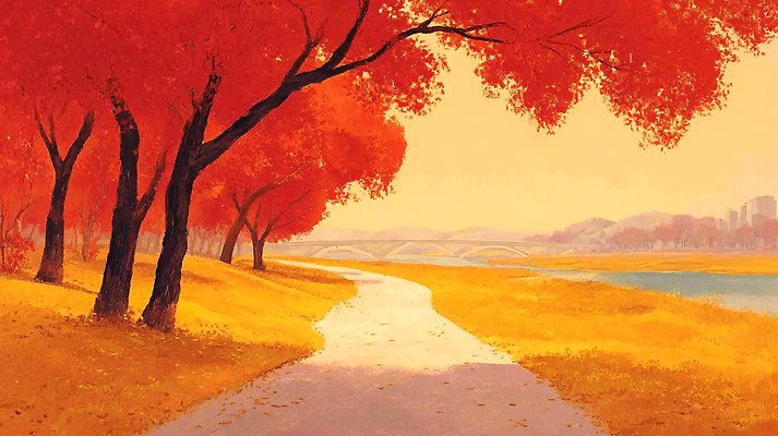 JPG 나무 식물 길 여행 단풍 일러스트 자연 하늘 풍경 일상 빨간색 햇빛 노란색 평화 고요 산책로 금색 가을 도심 강가 뷰티풀 색감 국내일러스트 AI일러스트 AI콘텐츠 계절 컬러 컨셉 잎 라이프 강 태양 도시 생태계 파일형식