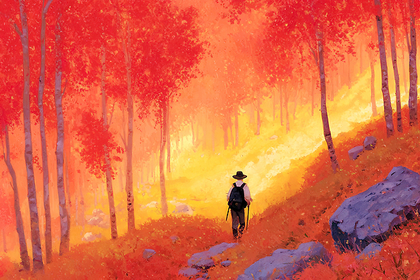 JPG 나무 길 여행 단풍 일러스트 자연 산 사람 풍경 야외 빨간색 산책 등산 금색 도전 가을 숲 즐거움 조용 뷰티풀 흙길 국내일러스트 AI일러스트 AI콘텐츠 식물 계절 감정 컬러 잎 휴식 흙 트래킹 생태계 파일형식