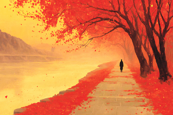 JPG 나무 길 여행 단풍 일러스트 자연 하늘 단풍나무 사람 풍경 빨간색 강 햇빛 걷기 고요 산책 가을 풍경화 국내일러스트 AI일러스트 AI콘텐츠 식물 계절 컬러 잎 모션 휴식 태양 그림 생태계 파일형식
