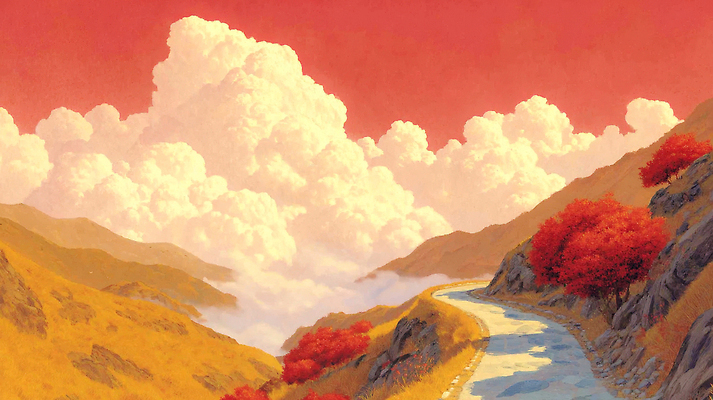 포토 JPG 나무 도로 길 컬러 여행 단풍 일러스트 자연 하늘 산 풍경 초원 고요 일몰 가을 조용 뷰티풀 풍경화 국내일러스트 AI일러스트 AI콘텐츠 식물 계절 잎 교통시설 노을 그림 생태계 파일형식