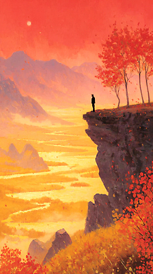 JPG 남자 컬러 여행 단풍 일러스트 자연 하늘 산 풍경 평화 노을 황혼 일몰 절벽 가을 분위기 명상 그림 조용 뷰티풀 국내일러스트 AI일러스트 AI콘텐츠 자연요소 계절 컨셉 잎 사람 생태계 파일형식