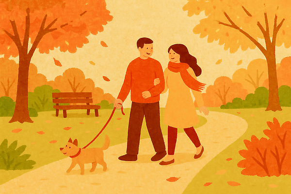 JPG 나무 커플 공원 행복 길 단풍 일러스트 가족 모션 자연 따뜻함 사람 풍경 생활 산책 그룹 강아지 추억 즐거움 색감 국내일러스트 AI일러스트 AI콘텐츠 식물 공공시설 감정 컨셉 잎 관계 휴식 반려동물 개 생태계 파일형식