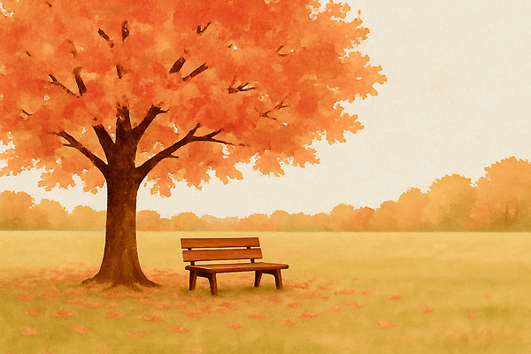 JPG 나무 공원 여유 단풍 벤치 일러스트 자연 휴식 풍경 초원 햇빛 주황색 고요 산책 시간 풍경화 국내일러스트 AI일러스트 AI콘텐츠 식물 공공시설 감정 컬러 컨셉 잎 의자 태양 그림 생태계 파일형식