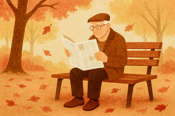 JPG 나무 공원 할아버지 노년 행복 여유 단풍 잎 벤치 일러스트 자연 풍경 일상 독서 평화 외투 신문 소식 편안함 국내일러스트 AI일러스트 AI콘텐츠 식물 공공시설 남자 감정 컨셉 상의 의자 성인 라이프 간행물 감각 뉴스 생태계 파일형식