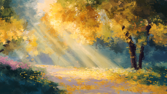 JPG 나무 식물 공원 길 컬러 일러스트 자연 따뜻함 풍경 여름 빛 햇빛 가을 숲 그림 조용 뷰티풀 오후 국내일러스트 AI일러스트 AI콘텐츠 계절 공공시설 태양 생태계 파일형식