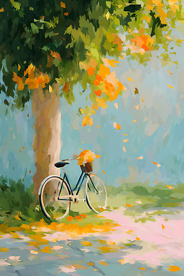 JPG 나무 공원 여유 단풍 잎 일러스트 자연 하늘 풍경 운동 노란색 자전거 주황색 고요 산책 가을 풍경화 국내일러스트 AI일러스트 AI콘텐츠 식물 계절 공공시설 감정 컬러 휴식 건강 바이크 그림 생태계 파일형식