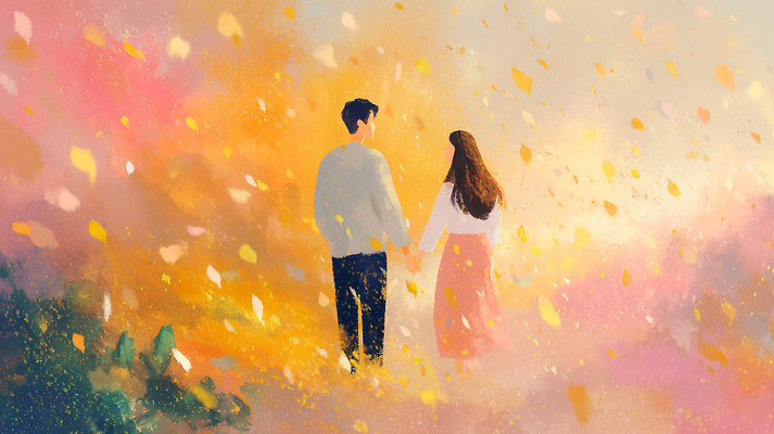 JPG 커플 꽃잎 행복 감정 백그라운드 일러스트 자연 따뜻함 사랑 풍경 두명 노란색 걷기 손잡기 산책 로맨틱 가을 뷰티풀 사랑이야기 색감 국내일러스트 AI일러스트 AI콘텐츠 계절 꽃 컬러 컨셉 관계 모션 휴식 이야기 사람 생태계 파일형식
