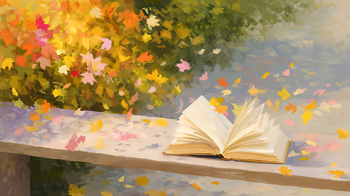 JPG 나무 공원 잎 일러스트 자연 나뭇잎 풍경 책 독서 햇빛 가을풍경 침묵 소리 고요 금색 가을 떨어짐 뷰티풀 색감 국내일러스트 AI일러스트 AI콘텐츠 식물 계절 공공시설 컬러 컨셉 태양 생태계 파일형식 가을_계절
