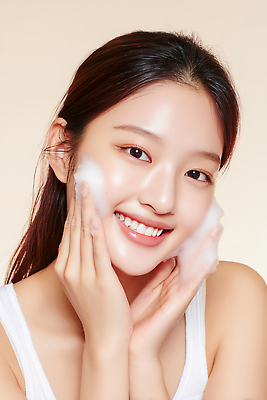 JPG 편집이미지 여자 건강 미소 일상 청춘 뷰티 깨끗함 청결 화장품 거품 세수 피부 피부관리 스킨케어 의료성형뷰티 편집실사 AI인물포토 AI콘텐츠 컨셉 표정 사람 라이프 신체부위 위생 CG 파일형식 AI포토