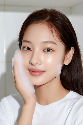 JPG 편집이미지 여자 얼굴 과일 미소 일상 뷰티 청결 거품 욕실 세수 피부 피부관리 스킨케어 의료성형뷰티 편집실사 AI인물포토 AI콘텐츠 표정 사람 라이프 신체부위 위생 CG 파일형식 AI포토