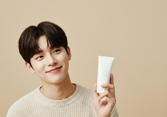 JPG 편집이미지 남자 얼굴 포즈 백그라운드 따뜻함 표정 미소 화장품 상품 스웨터 피부관리 스킨케어 의료성형뷰티 편집실사 AI인물포토 AI콘텐츠 상의 사람 신체부위 뷰티 CG 파일형식 AI포토