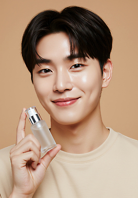 JPG 편집이미지 손 남자 얼굴 실내 표정 미소 뷰티 화장품 매력적 촉촉함 상품 피부 스킨케어 노출 의료성형뷰티 세럼 편집실사 AI인물포토 AI콘텐츠 컨셉 사람 내부 신체부위 젖음 CG 파일형식 AI포토