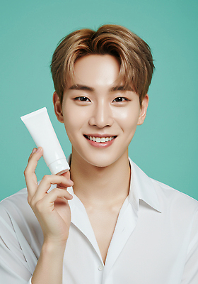 JPG 모델 편집이미지 남자 백그라운드 셔츠 밝음 선물 미소 파란색 촬영 화장품 흰색 상품 피부관리 스킨케어 뷰티풀 의료성형뷰티 편집실사 AI인물포토 AI콘텐츠 컬러 상의 표정 사람 뷰티 CG 파일형식 AI포토