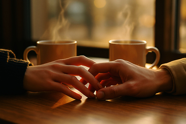 JPG 편집이미지 커플 행복 커피 프로포즈 관계 따뜻함 대화 사랑 손잡기 카페 로맨틱 분위기 저녁 교감 순간 의료성형뷰티 편집실사 AI인물포토 AI콘텐츠 감정 음료 컨셉 모션 말하기 상점 야간 CG 파일형식 AI포토