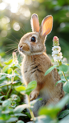 JPG 동물 편집이미지 꽃 잎 자연 아침 초록색 여름 햇빛 평화 탐험 토끼 숲속 숲 편집실사 AI포토 AI콘텐츠 주간 식물 계절 컬러 컨셉 포유류 반려동물 태양 CG 생태계 파일형식