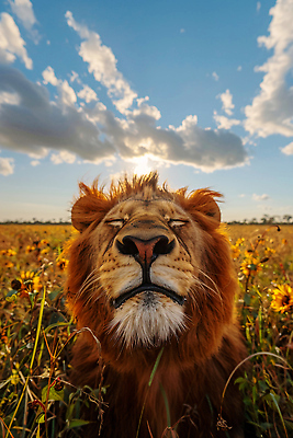 JPG 동물 편집이미지 꽃 자연 하늘 초원 평화 편안함 사자 고립 편집실사 AI포토 AI콘텐츠 식물 컨셉 포유류 감각 CG 생태계 파일형식