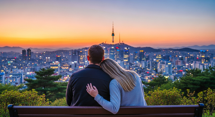 JPG 편집이미지 커플 여행 자연 휴식 서울 한국 사랑 풍경 여행객 고요 황혼 일몰 도시 전망대 남산타워 국내여행 뷰티풀 의료성형뷰티 편집실사 AI인물포토 AI콘텐츠 감정 아시아 컨셉 관계 사람 노을 CG 생태계 남산 파일형식 AI포토