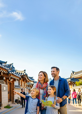 JPG 편집이미지 전통 건축물 문화 여행 지도 가족 모션 서울 한국 풍경 여행객 탐험 즐거움 외출 한옥마을 국내여행 의료성형뷰티 편집실사 AI인물포토 AI콘텐츠 건축 감정 아시아 관계 한옥 사람 마을 CG 파일형식 AI포토