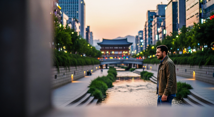 JPG 편집이미지 남자 여행 조명 거리 한국 미소 풍경 건물 강 여행객 평화 노을 산책 도시 저녁 청계천 국내여행 뷰티풀 의료성형뷰티 편집실사 AI인물포토 AI콘텐츠 자연요소 건축물 아시아 컨셉 휴식 서울 표정 사람 야간 CG 랜드마크 파일형식 AI포토