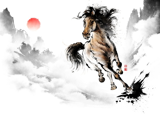 자연요소 컨셉 모션 동양화 생태계 파일형식 말_게임 수채화 전통 그림 달리기 태양 산 예술 한국화 힘 뷰티풀 풍경 자연 동물 속도 표현 자유 국내일러스트 PSD 일러스트