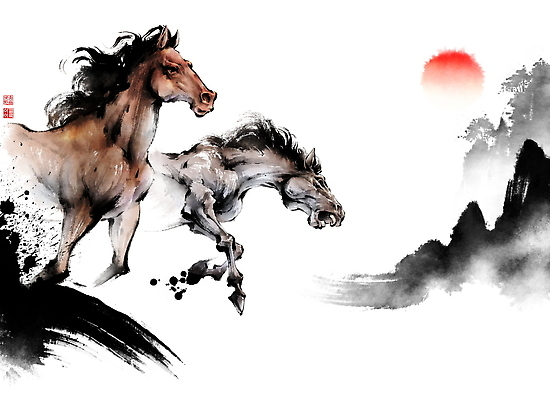 컨셉 노을 동양화 생태계 파일형식 말_게임 자연 일몰 풍경 산 뷰티풀 표현 예술 동물 포즈 힘 순간 수채화 한국화 전통 컬러 자유 국내일러스트 PSD 일러스트