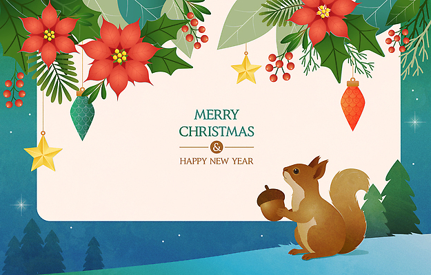 계절 기념일 꽃 감정 크리스마스 카드_감사 견과류 설치류 생태계 파일형식 벡터 새해 다람쥐 겨울 도토리 장식 포인세티아 스타 백그라운드 축제 기쁨 자연 색감 크리스마스트리 전통 동물 AI파일 국내일러스트 일러스트 크리스마스카드 연하장