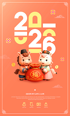 템플릿 명절 감정 동물캐릭터 컨셉 카드_감사 전통소품 이벤트 말_동물 연도 파일형식 2026년 설날 2023년 말캐릭터 복주머니 전시 문화 축제 민속 전통 행복 기념일 귀여움 장식 컬러 PSD 이미지템플릿 병오년 연하장