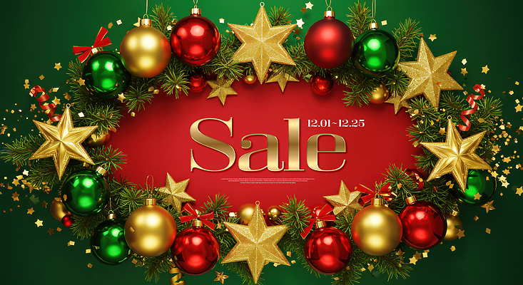 JPG 편집이미지 배너 기념일 별 크리스마스 장식 빨간색 초록색 쇼핑 크리스마스트리 세일 금색 소비 구슬 프로모션 이미지편집 AI컴퓨터그래픽 AI콘텐츠 자연요소 컬러 이벤트 파일형식