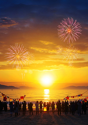 JPG 편집이미지 바다 컬러 하늘 새해 불꽃놀이 풍경 여러명 해변 노을 축제 소리 등불 즐거움 뷰티풀 해돋이축제 이미지편집 자연요소 감정 다수 놀이 조명 사람 일출 파일형식