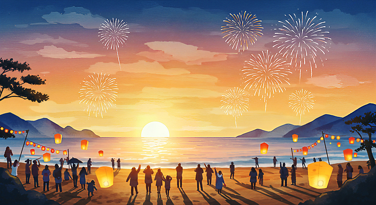 JPG 편집이미지 자연 새해 산 불꽃놀이 여러명 해변 축제 모임 즐거움 연등 해돋이축제 이미지편집 감정 바다 다수 놀이 사람 일출 등불 불교용품 생태계 파일형식